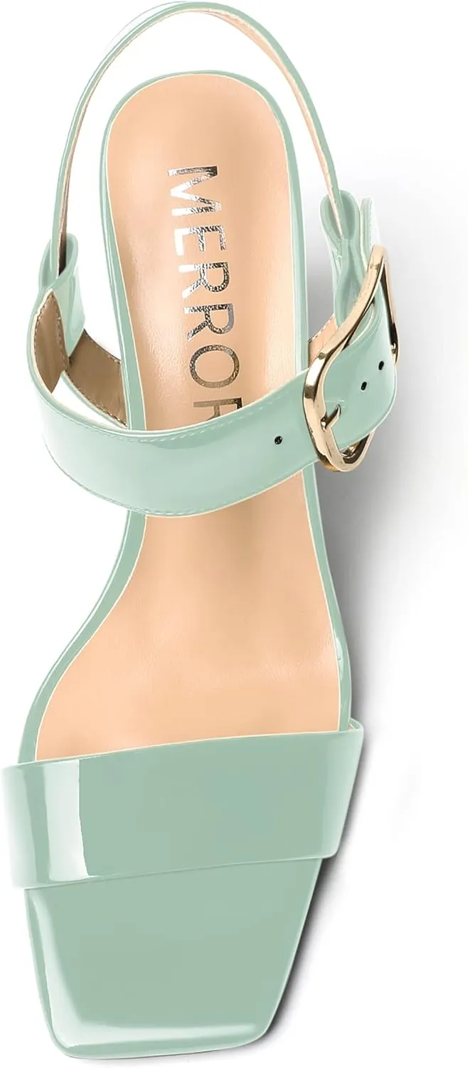 MERRORI Womens Ankle Strap Patent Mule Open Toe Sexy Dating Buckle Chunky High Heel Heeled Sandals 3.3 Inch