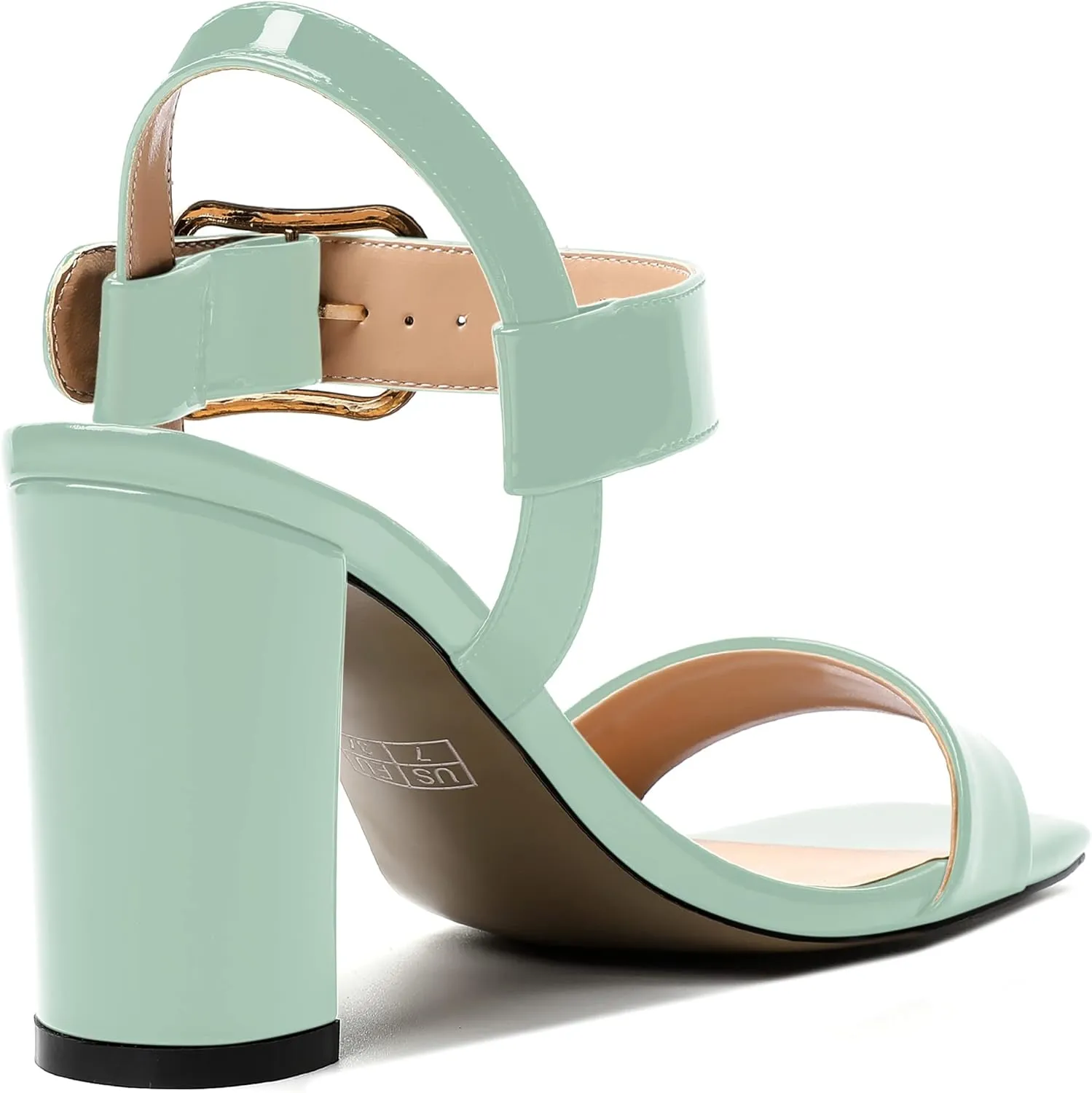 MERRORI Womens Ankle Strap Patent Mule Open Toe Sexy Dating Buckle Chunky High Heel Heeled Sandals 3.3 Inch