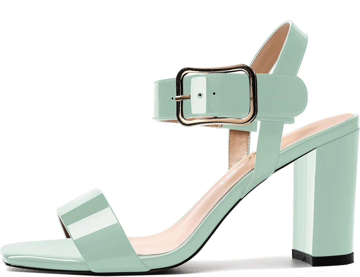 MERRORI Womens Ankle Strap Patent Mule Open Toe Sexy Dating Buckle Chunky High Heel Heeled Sandals 3.3 Inch