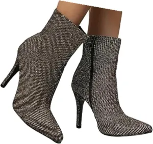 Mesh Ankle Boots for Women Fashion Sexy Sheer Sparkly Dress Pump Boots Rhinestone Pointed Toe Stiletto Glitter High Heel Shoes Wedding Party Shoes Mid Calf Boots
