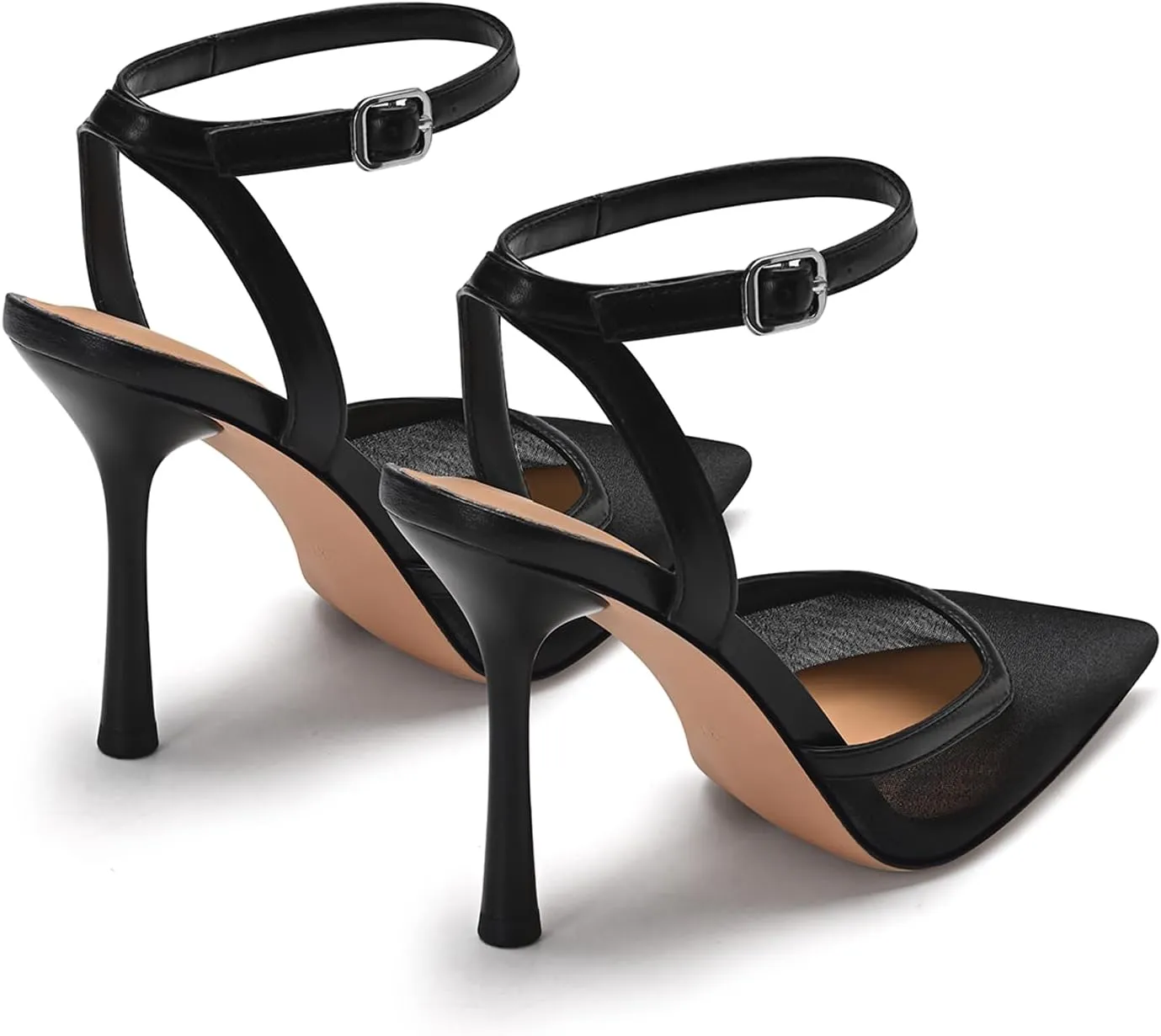 Mesh Closed Toe Ankle Strap Heels Pointed Toe High Heels for Women Stiletto Wedding Dress Shoes