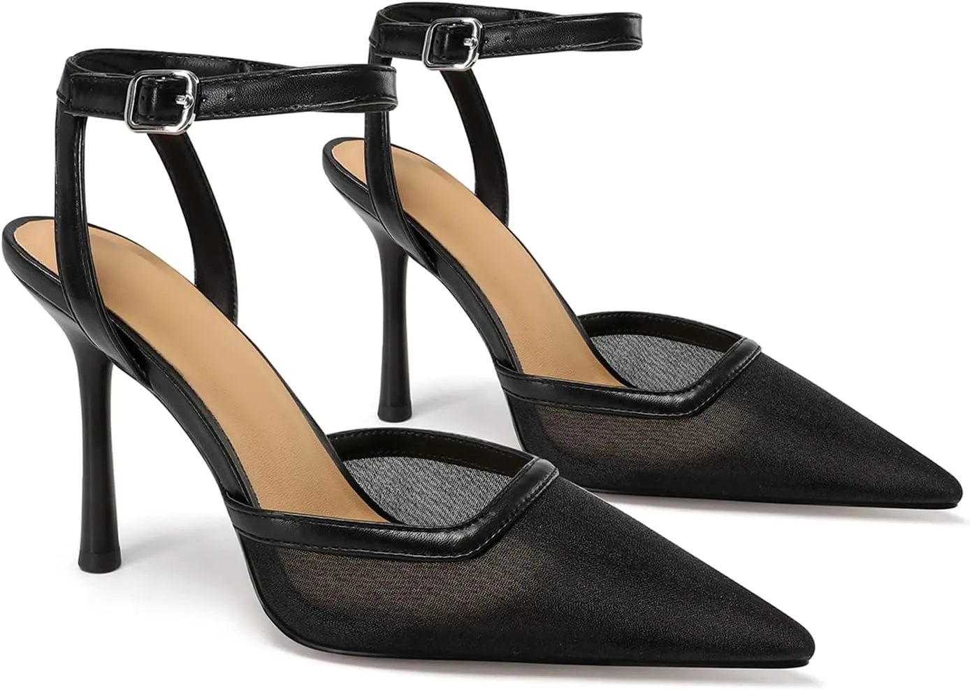 Mesh Closed Toe Ankle Strap Heels Pointed Toe High Heels for Women Stiletto Wedding Dress Shoes