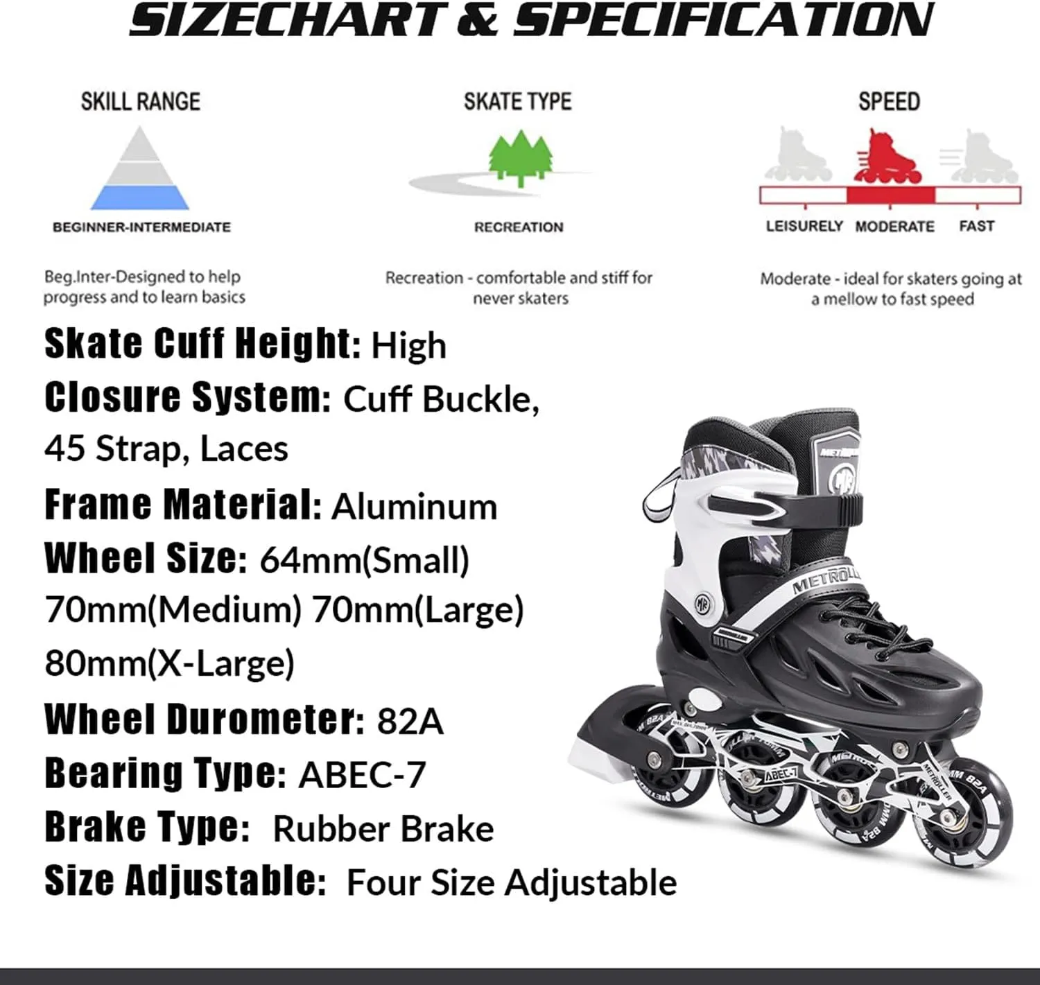 METROLLER Inline Skates for Girls and Boys, Women, Men 4 Sizes Adjustable Inline Skates with Light Up Wheels, Illuminating Beginner Skates for Kids 5-8 8-12 & Adult Youth.