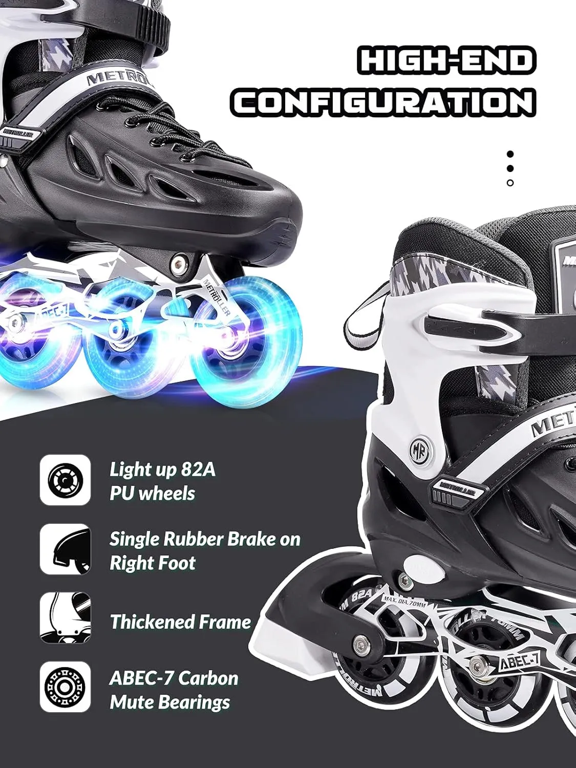 METROLLER Inline Skates for Girls and Boys, Women, Men 4 Sizes Adjustable Inline Skates with Light Up Wheels, Illuminating Beginner Skates for Kids 5-8 8-12 & Adult Youth.