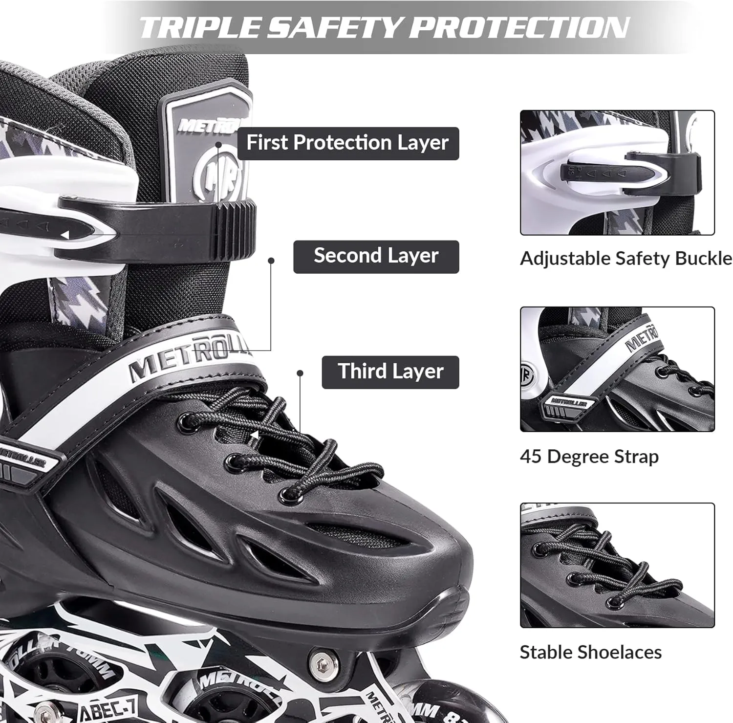 METROLLER Inline Skates for Girls and Boys, Women, Men 4 Sizes Adjustable Inline Skates with Light Up Wheels, Illuminating Beginner Skates for Kids 5-8 8-12 & Adult Youth.