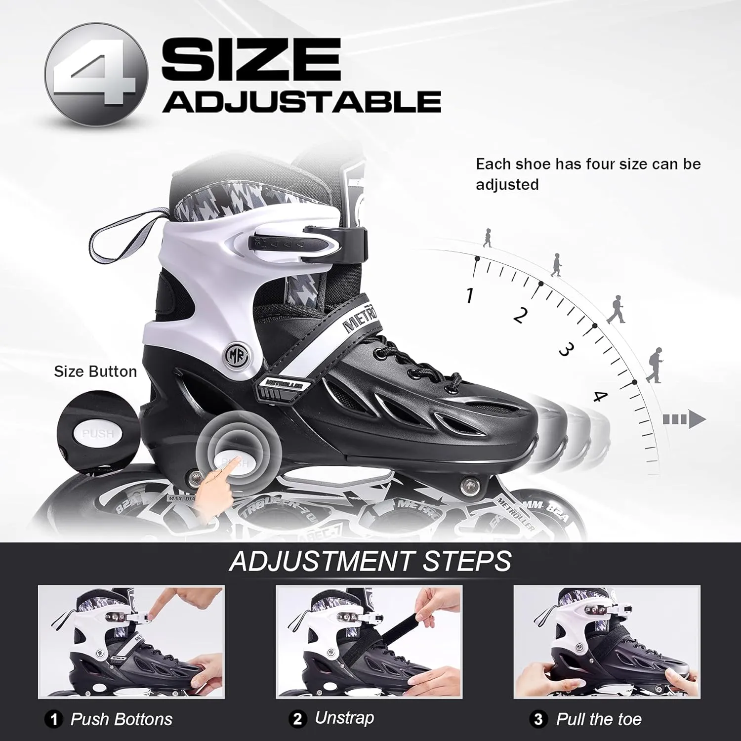 METROLLER Inline Skates for Girls and Boys, Women, Men 4 Sizes Adjustable Inline Skates with Light Up Wheels, Illuminating Beginner Skates for Kids 5-8 8-12 & Adult Youth.