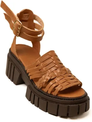 Mexico en la Piel Handcrafted Tan Leather Platform Huarache Sandals for Women – Cork Sole, 3-Inch Heel, Open Toe, Adjustable Double Buckle, Breathable and Comfortable