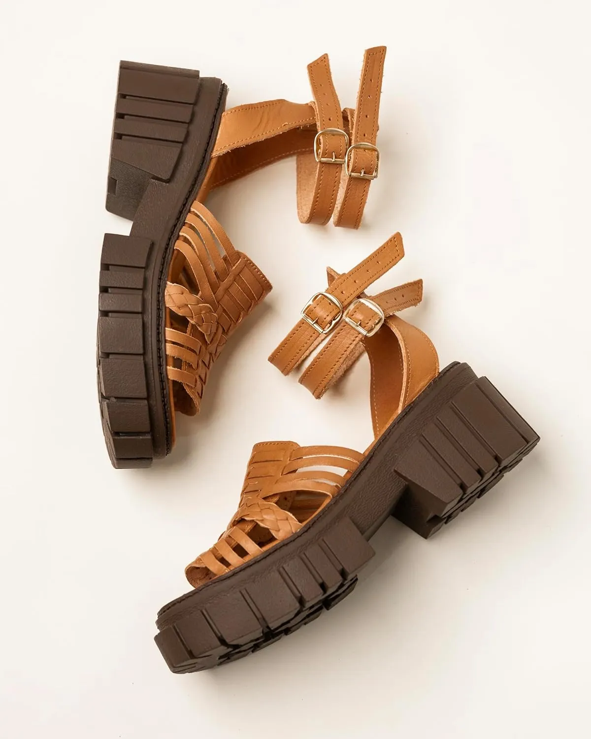 Mexico en la Piel Handcrafted Tan Leather Platform Huarache Sandals for Women – Cork Sole, 3-Inch Heel, Open Toe, Adjustable Double Buckle, Breathable and Comfortable