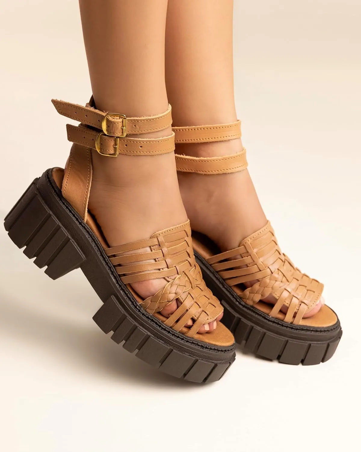 Mexico en la Piel Handcrafted Tan Leather Platform Huarache Sandals for Women – Cork Sole, 3-Inch Heel, Open Toe, Adjustable Double Buckle, Breathable and Comfortable