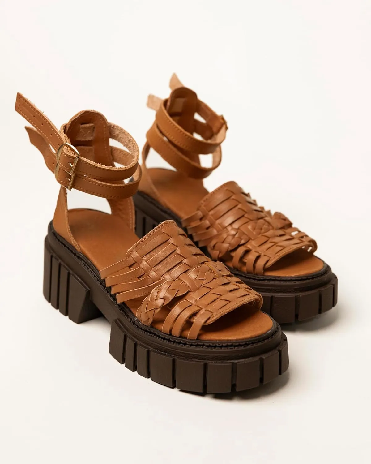 Mexico en la Piel Handcrafted Tan Leather Platform Huarache Sandals for Women – Cork Sole, 3-Inch Heel, Open Toe, Adjustable Double Buckle, Breathable and Comfortable