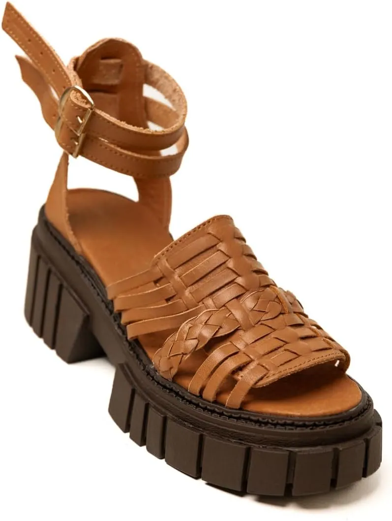 Mexico en la Piel Handcrafted Tan Leather Platform Huarache Sandals for Women – Cork Sole, 3-Inch Heel, Open Toe, Adjustable Double Buckle, Breathable and Comfortable