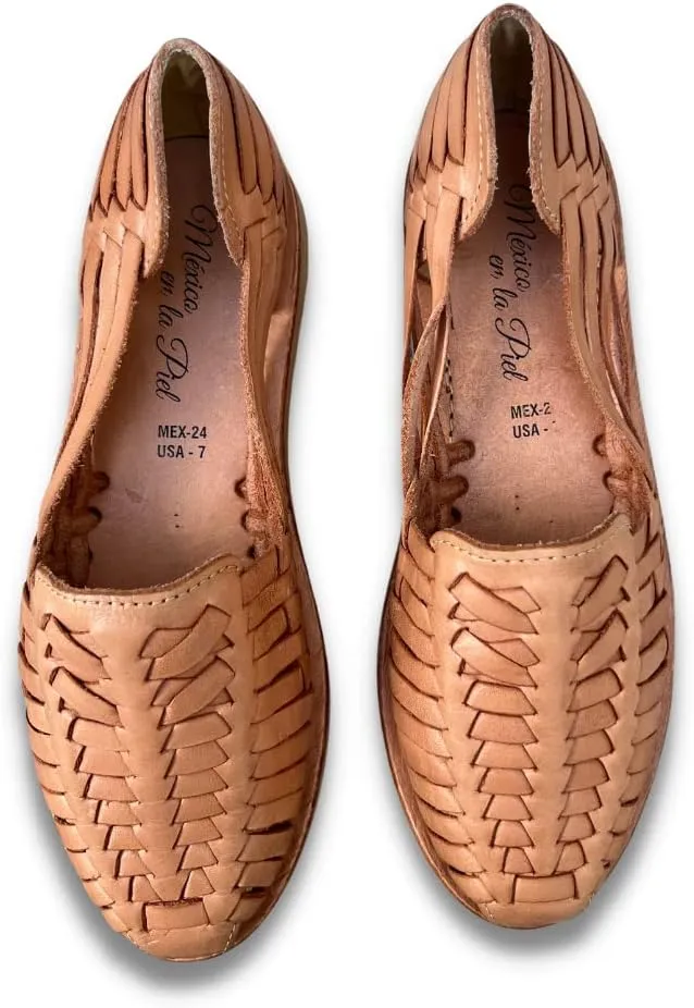 Mexico en la Piel Women's Handmade Leather Huarache Sandals – Genuine Beige Leather, Closed Toe, Casual Slip-On Flats with Interwoven Straps, 2cm Crepe Sole – Water-Resistant and Comfortable