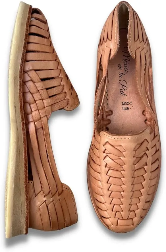 Mexico en la Piel Women's Handmade Leather Huarache Sandals – Genuine Beige Leather, Closed Toe, Casual Slip-On Flats with Interwoven Straps, 2cm Crepe Sole – Water-Resistant and Comfortable