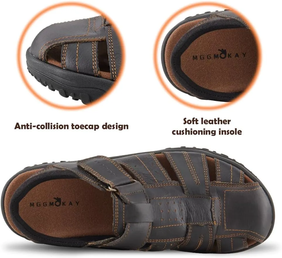 MGGMOKAY Men's Fisherman Sandals Summer Genuine Leather Breathable Outdoor Sandal Closed Toe
