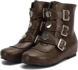 mikarka Hidden Wedge Heel Ankle Boots for Women, Slip On Buckle Straps with Studded Combat Motorcycle Riding Mid Calf Boots