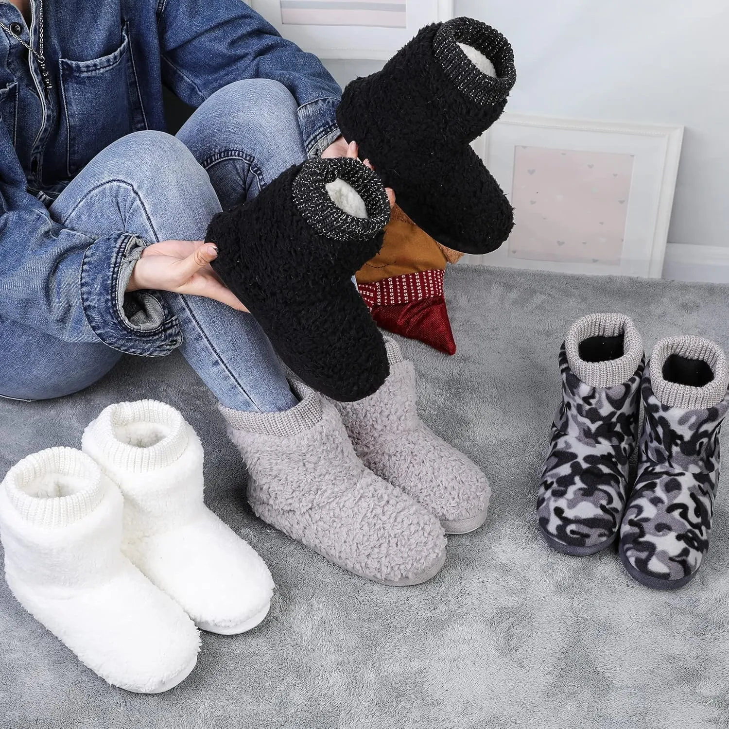 MIXIN Women's Comfort Warm Faux Fleece Fuzzy Ankle Bootie Slippers Plush Lining Slip-on House Shoes Anti-Slip Sole Indoor/Outdoor