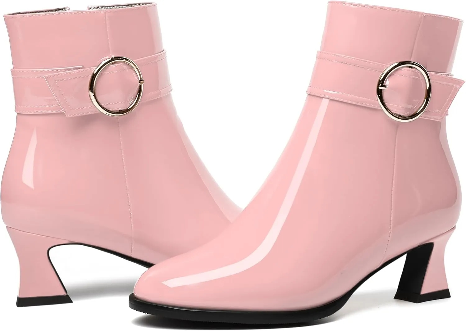 MODENCOCO Womens Dating Patent Ankle Strap Zip Round Toe Buckle Fashion Chunky Low Heel Ankle High Boots 2 Inch