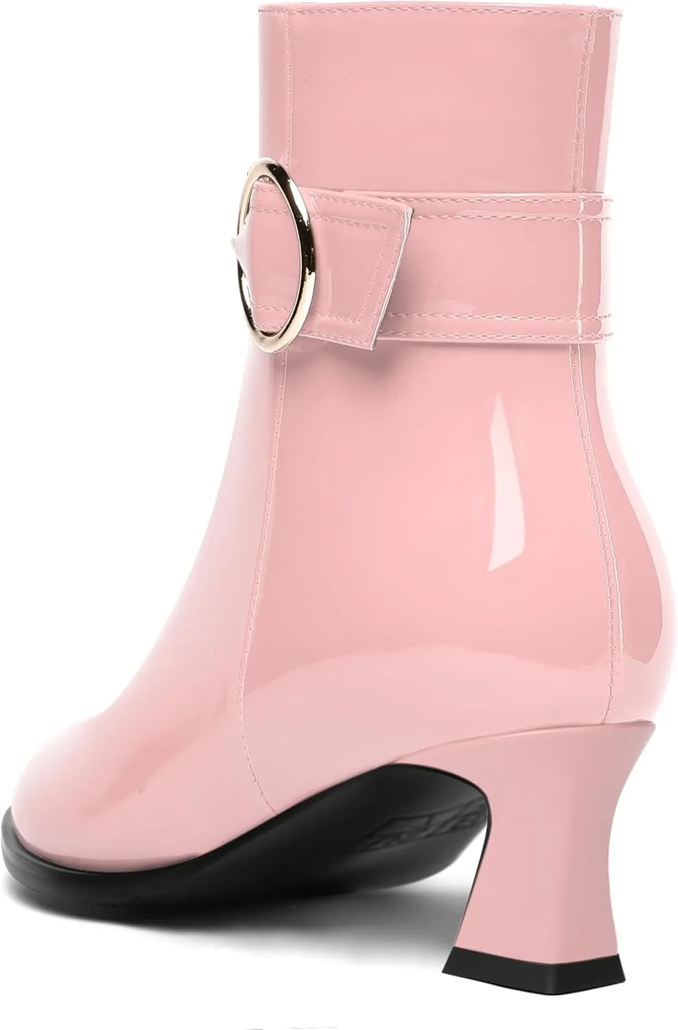 MODENCOCO Womens Dating Patent Ankle Strap Zip Round Toe Buckle Fashion Chunky Low Heel Ankle High Boots 2 Inch