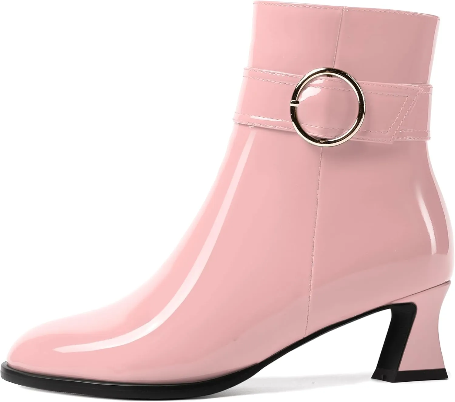 MODENCOCO Womens Dating Patent Ankle Strap Zip Round Toe Buckle Fashion Chunky Low Heel Ankle High Boots 2 Inch