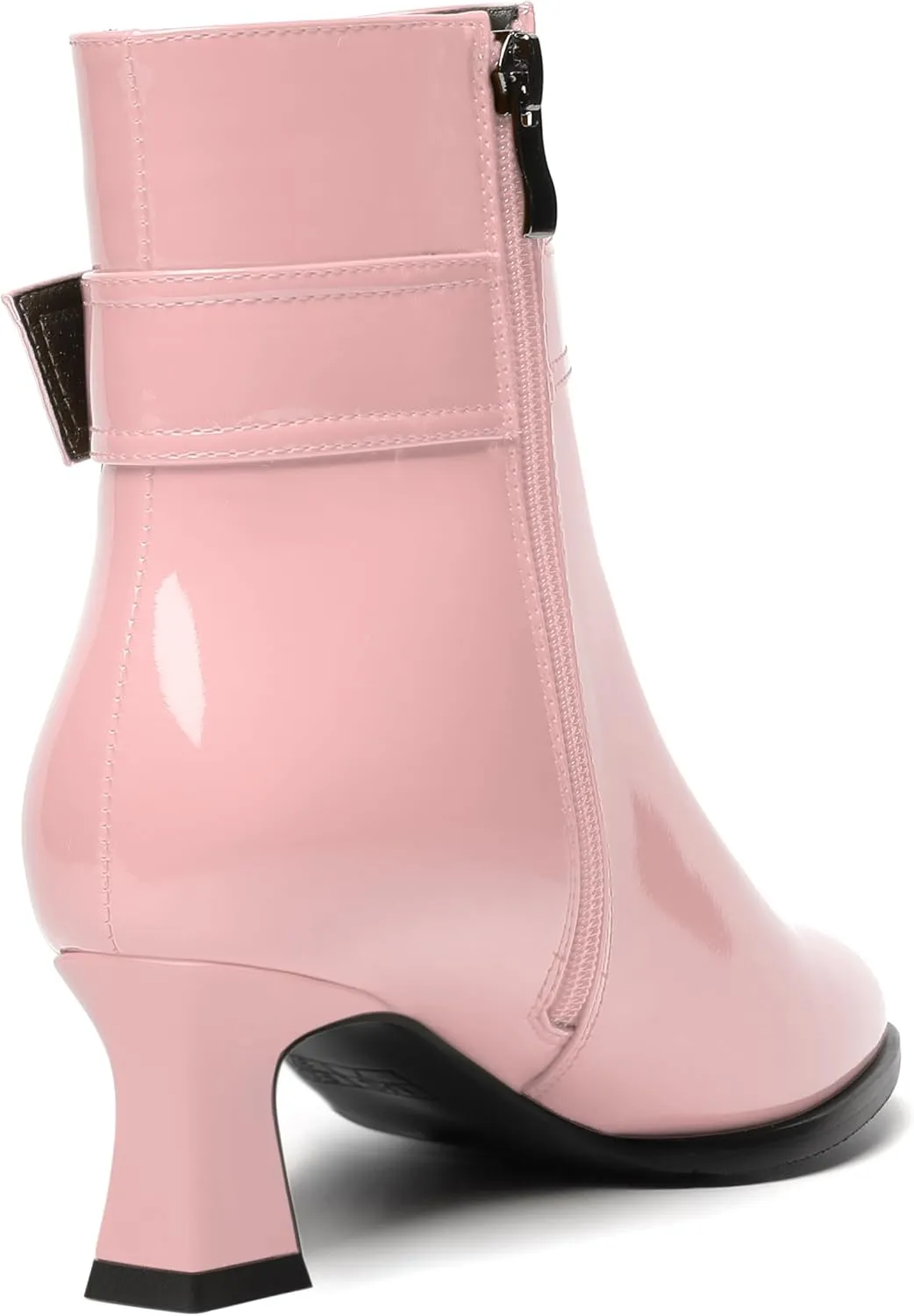 MODENCOCO Womens Dating Patent Ankle Strap Zip Round Toe Buckle Fashion Chunky Low Heel Ankle High Boots 2 Inch