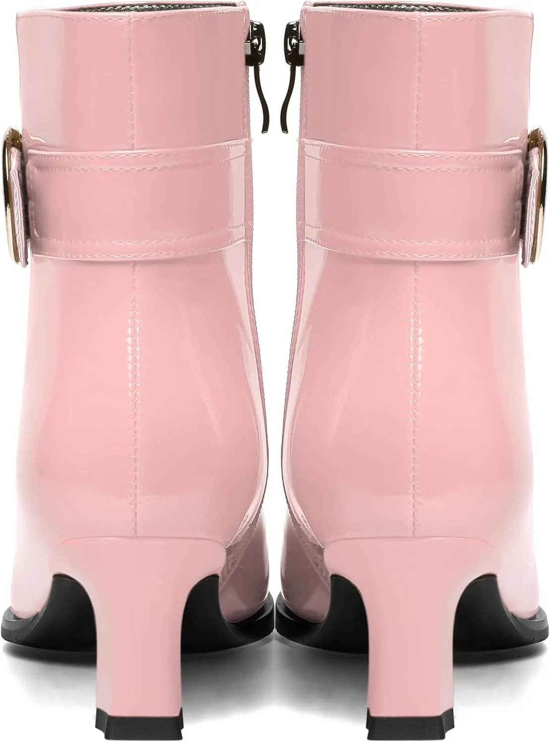 MODENCOCO Womens Dating Patent Ankle Strap Zip Round Toe Buckle Fashion Chunky Low Heel Ankle High Boots 2 Inch