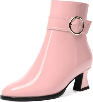 MODENCOCO Womens Dating Patent Ankle Strap Zip Round Toe Buckle Fashion Chunky Low Heel Ankle High Boots 2 Inch