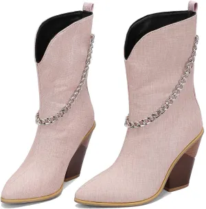 MOOMMO Women Chunky Stacked Heel Western Mid Calf Boots Pointed Toe Pull On Cowboy Cowgirl Boots Metal Chain Snakeskin Crocodile Boots Animal Print V Cut Fashion Fall Booties Party Office 4-15 M US