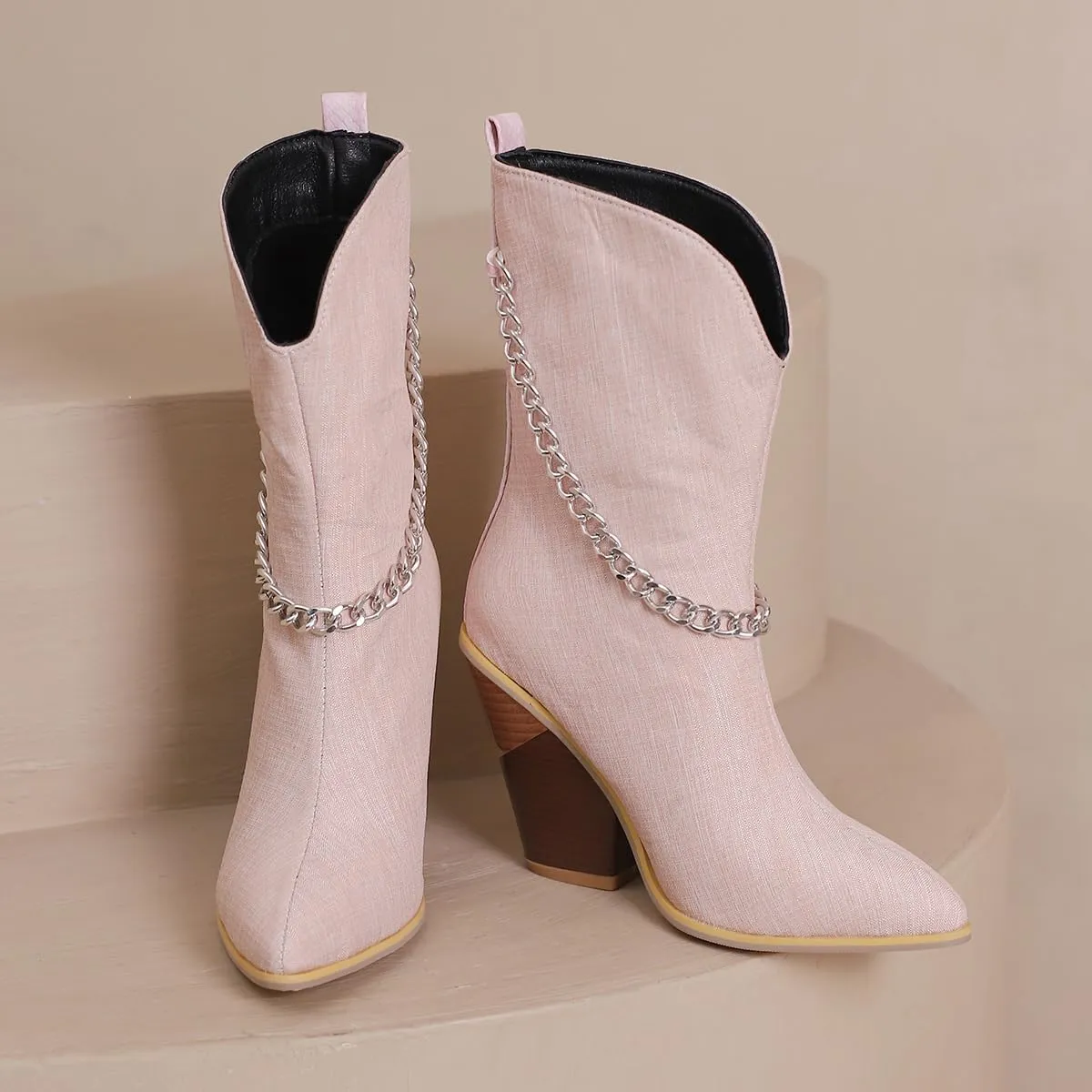 MOOMMO Women Chunky Stacked Heel Western Mid Calf Boots Pointed Toe Pull On Cowboy Cowgirl Boots Metal Chain Snakeskin Crocodile Boots Animal Print V Cut Fashion Fall Booties Party Office 4-15 M US