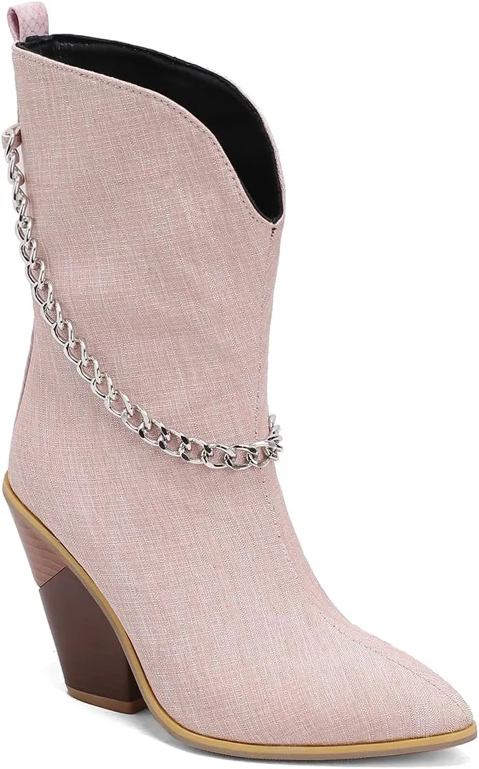 MOOMMO Women Chunky Stacked Heel Western Mid Calf Boots Pointed Toe Pull On Cowboy Cowgirl Boots Metal Chain Snakeskin Crocodile Boots Animal Print V Cut Fashion Fall Booties Party Office 4-15 M US