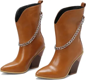 MOOMMO Women Chunky Stacked Heel Western Mid Calf Boots Pointed Toe Pull On Cowboy Cowgirl Boots Metal Chain Snakeskin Crocodile Boots Animal Print V Cut Fashion Fall Booties Party Office 4-15 M US