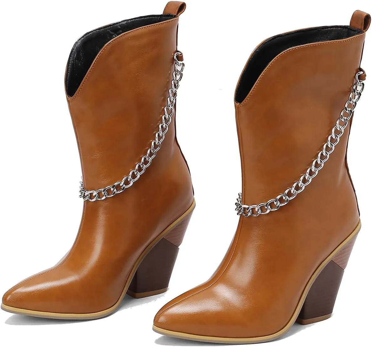 MOOMMO Women Chunky Stacked Heel Western Mid Calf Boots Pointed Toe Pull On Cowboy Cowgirl Boots Metal Chain Snakeskin Crocodile Boots Animal Print V Cut Fashion Fall Booties Party Office 4-15 M US