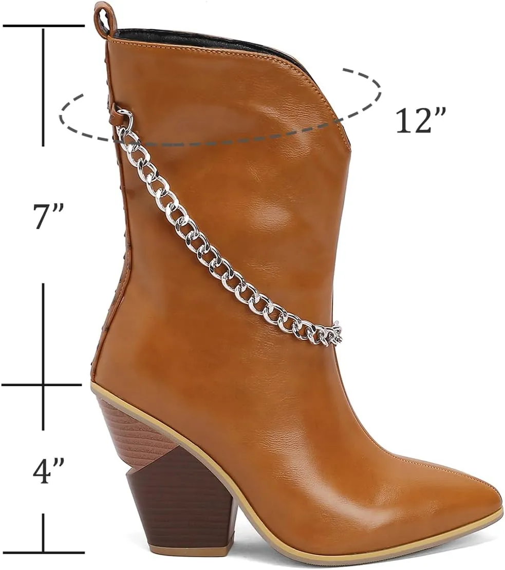 MOOMMO Women Chunky Stacked Heel Western Mid Calf Boots Pointed Toe Pull On Cowboy Cowgirl Boots Metal Chain Snakeskin Crocodile Boots Animal Print V Cut Fashion Fall Booties Party Office 4-15 M US