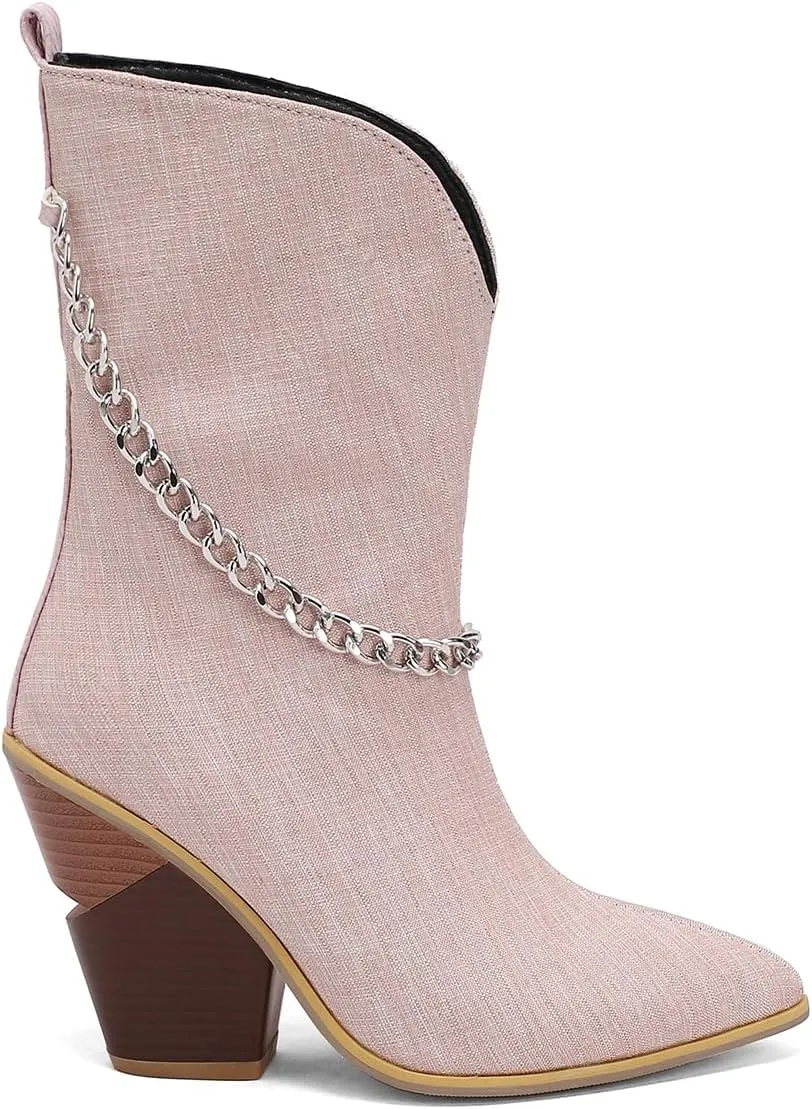 MOOMMO Women Chunky Stacked Heel Western Mid Calf Boots Pointed Toe Pull On Cowboy Cowgirl Boots Metal Chain Snakeskin Crocodile Boots Animal Print V Cut Fashion Fall Booties Party Office 4-15 M US
