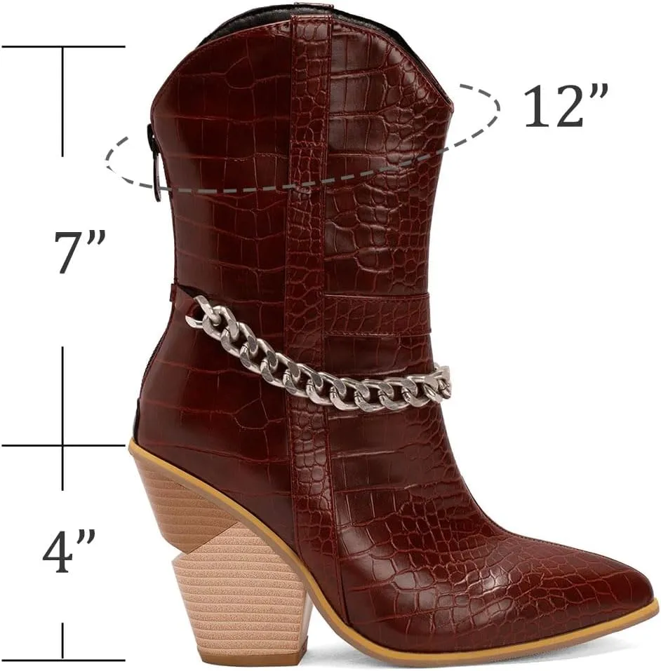 MOOMMO Women Chunky Stacked High Heel Western Boots Mid Calf Pointed Toe Back Zipper Cowboy Cowgirl Short Boots Metal Chain Snakeskin Crocodile Boots Animal Print V Cut Fashion Fall Booties 4-15 M US
