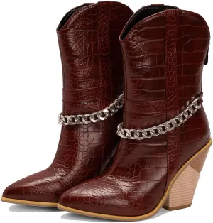 MOOMMO Women Chunky Stacked High Heel Western Boots Mid Calf Pointed Toe Back Zipper Cowboy Cowgirl Short Boots Metal Chain Snakeskin Crocodile Boots Animal Print V Cut Fashion Fall Booties 4-15 M US
