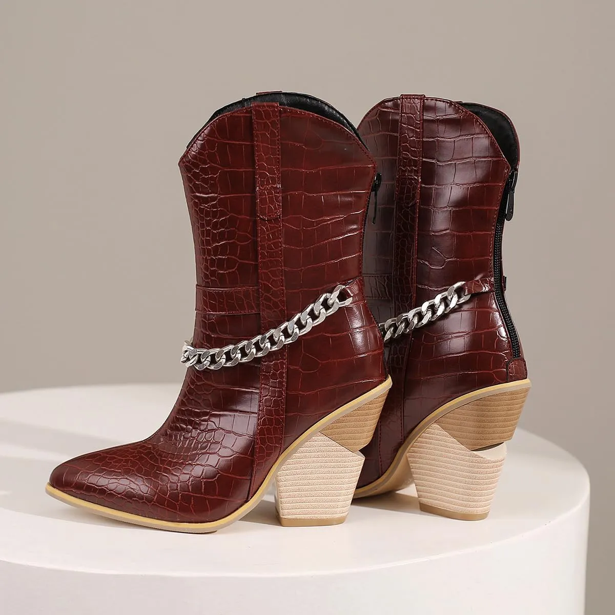 MOOMMO Women Chunky Stacked High Heel Western Boots Mid Calf Pointed Toe Back Zipper Cowboy Cowgirl Short Boots Metal Chain Snakeskin Crocodile Boots Animal Print V Cut Fashion Fall Booties 4-15 M US