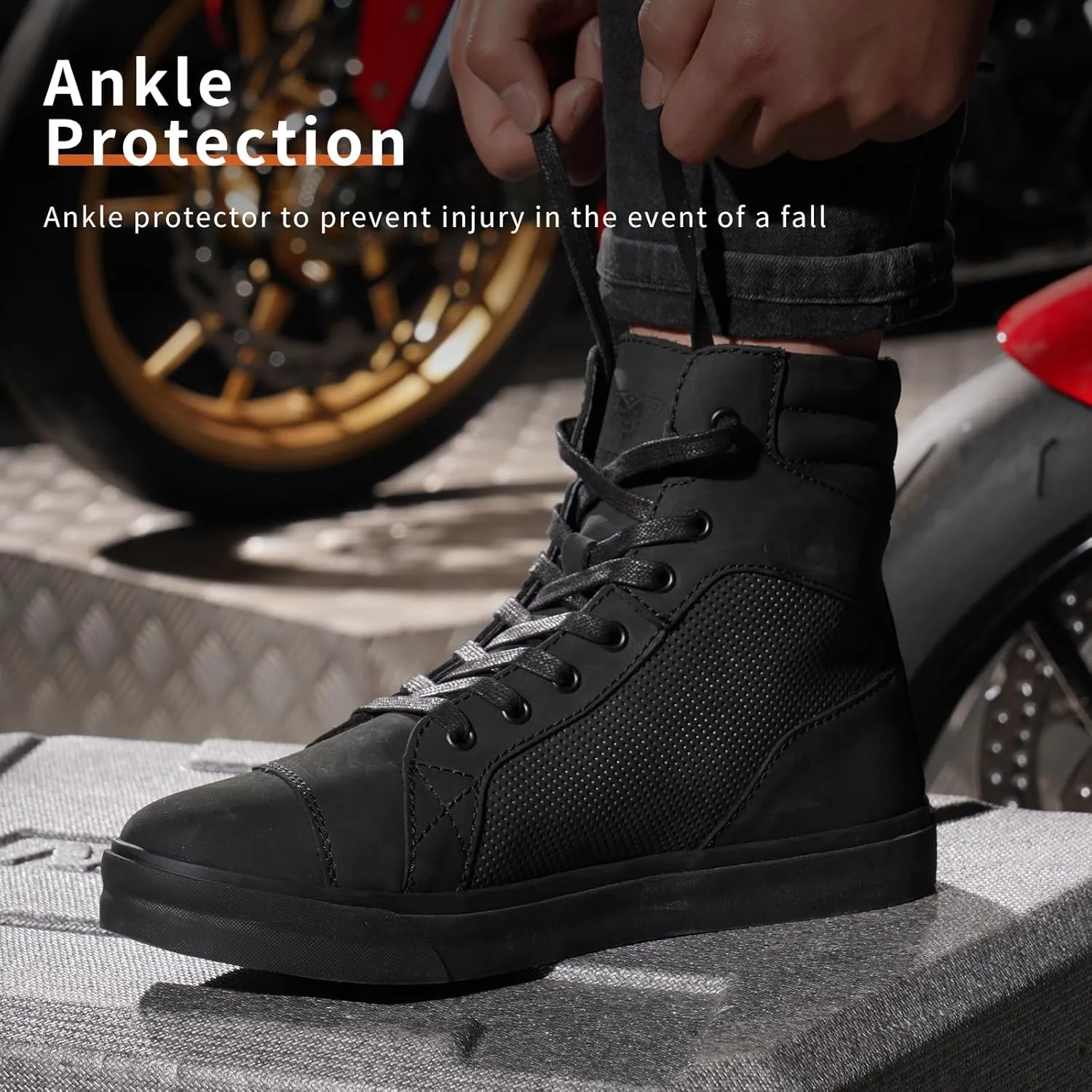 Motorcycle Boots Leather Breathable Street Riding Shoes with Ankle Support and Side Zipper