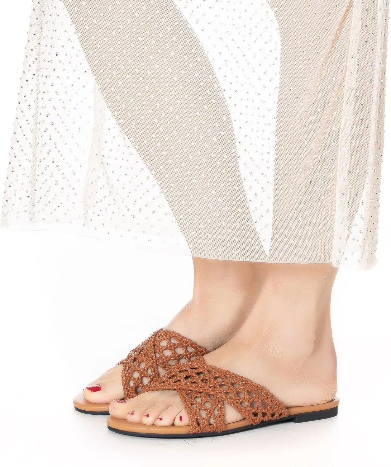 Mtzyoa Women Flat Sandals Braided Leather Crossover Nude Dressy Fashion Evening Party Wedding Sandals