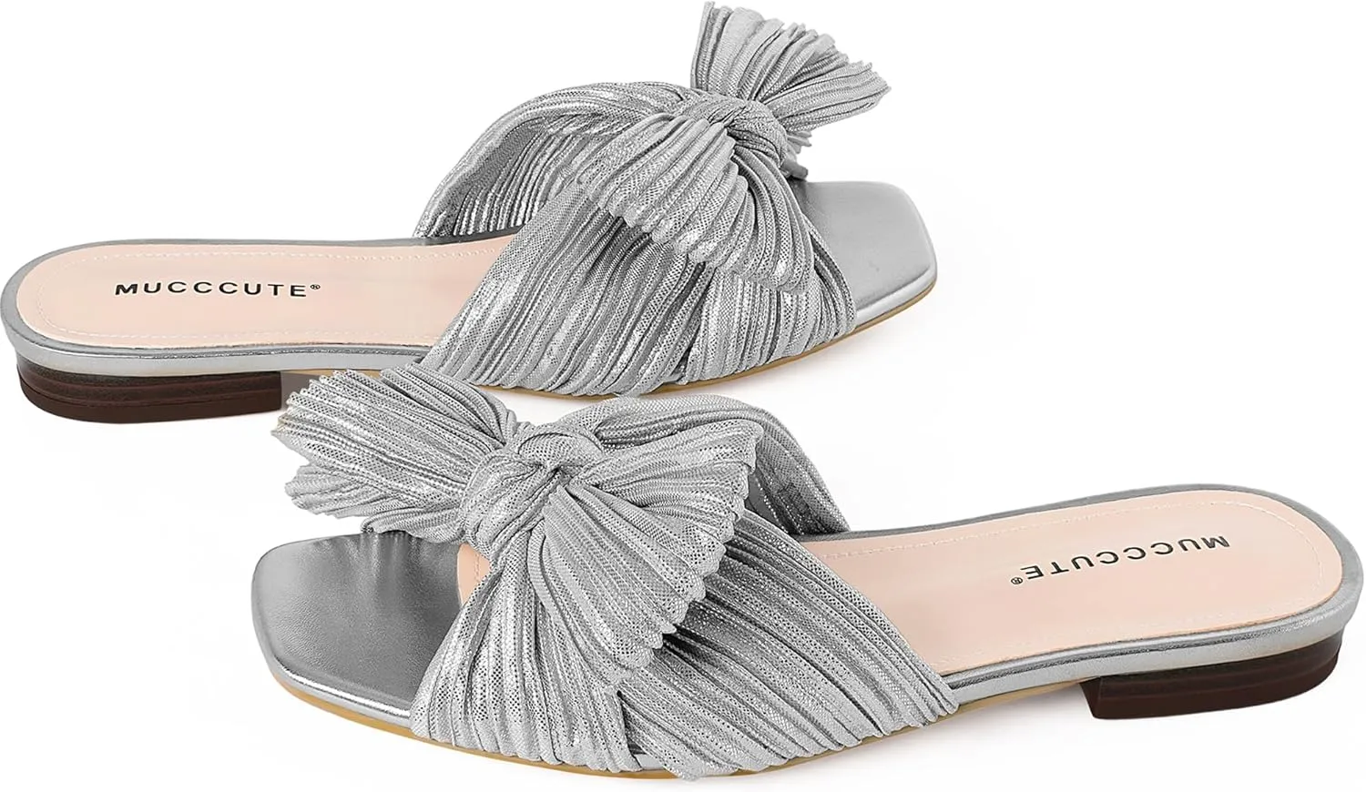 MUCCCUTE Bow Sandals for Women Square Open Toe Flat Sandals Slip on Casual Cute Summer Slides for Vacation Wedding