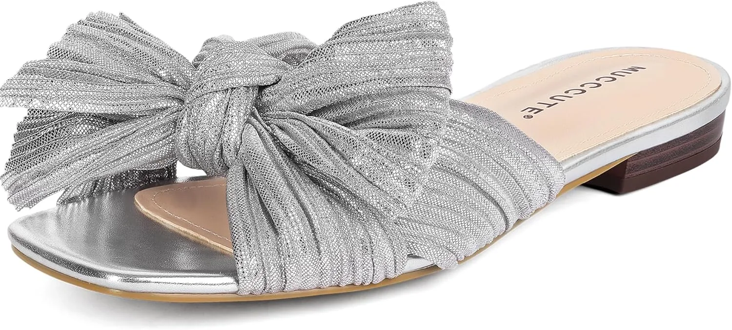 MUCCCUTE Bow Sandals for Women Square Open Toe Flat Sandals Slip on Casual Cute Summer Slides for Vacation Wedding