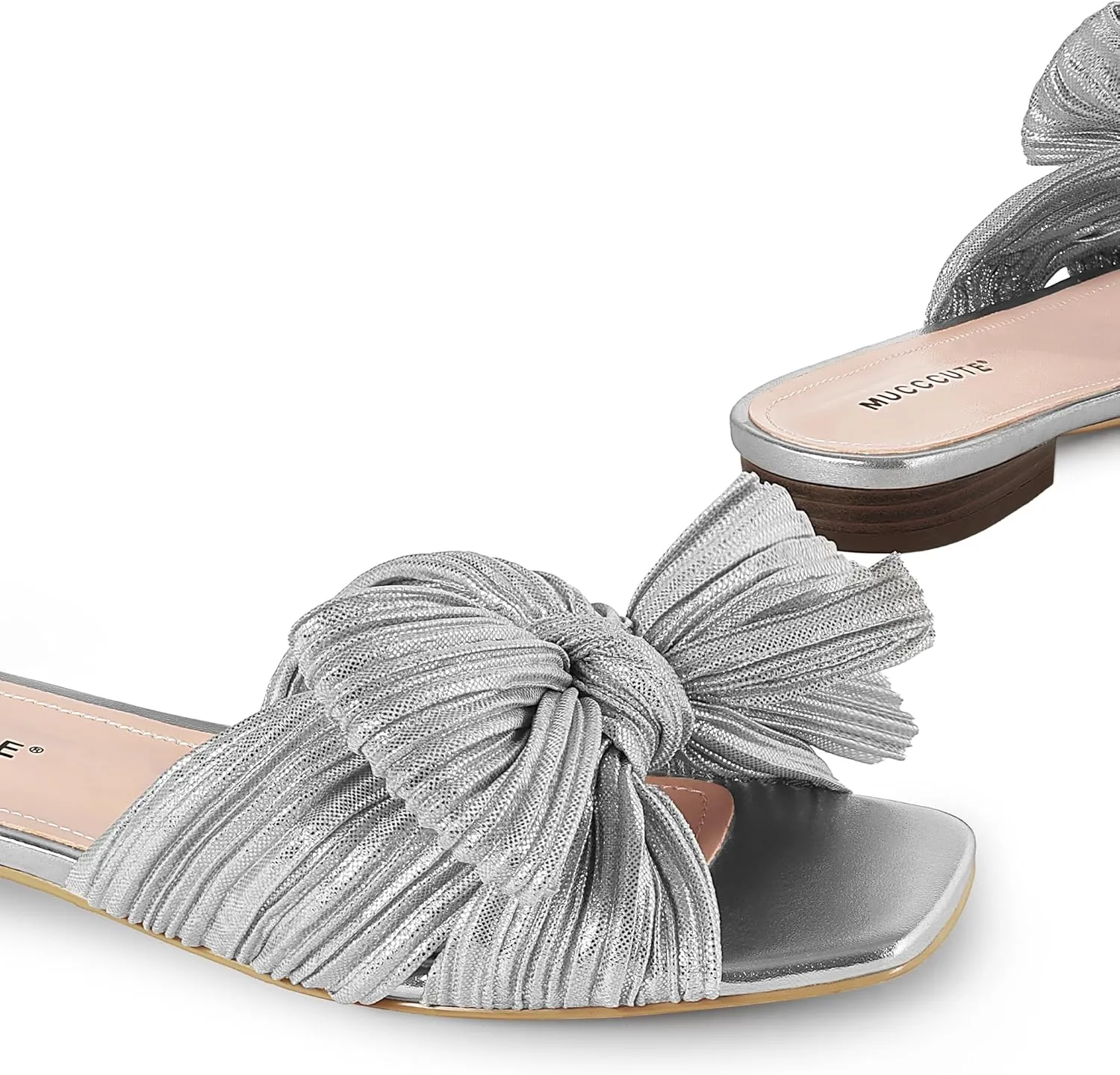 MUCCCUTE Bow Sandals for Women Square Open Toe Flat Sandals Slip on Casual Cute Summer Slides for Vacation Wedding