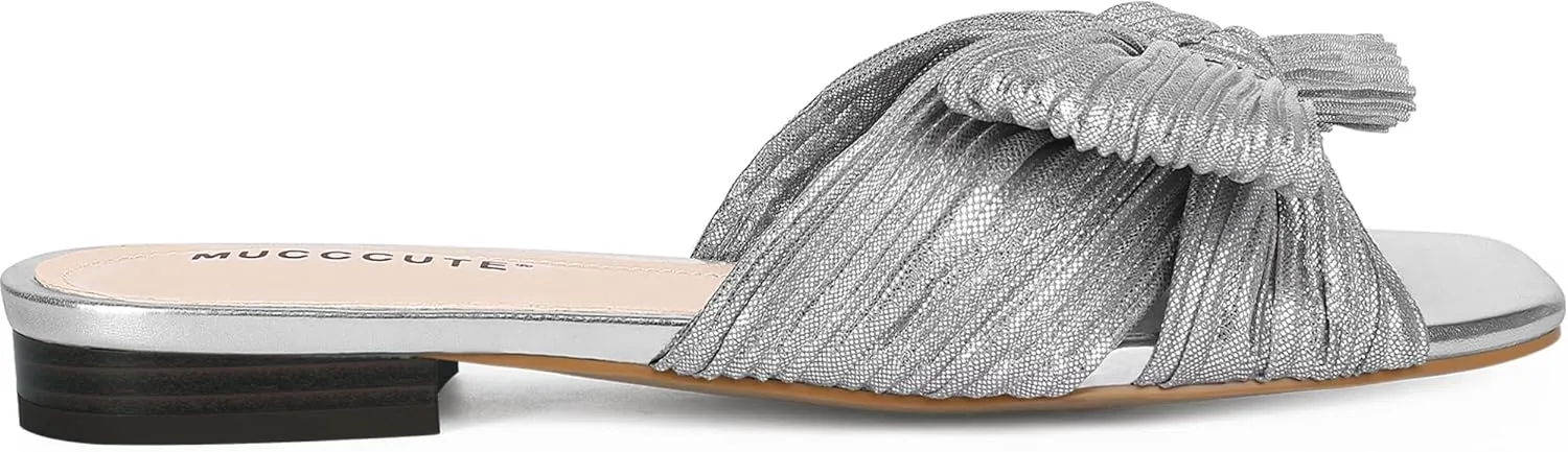 MUCCCUTE Bow Sandals for Women Square Open Toe Flat Sandals Slip on Casual Cute Summer Slides for Vacation Wedding