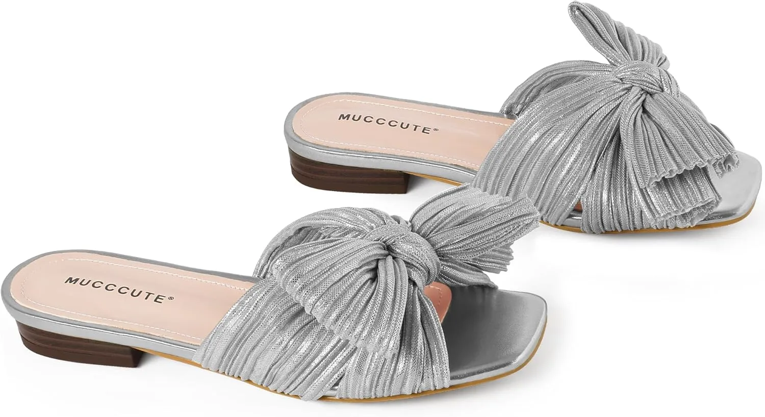 MUCCCUTE Bow Sandals for Women Square Open Toe Flat Sandals Slip on Casual Cute Summer Slides for Vacation Wedding