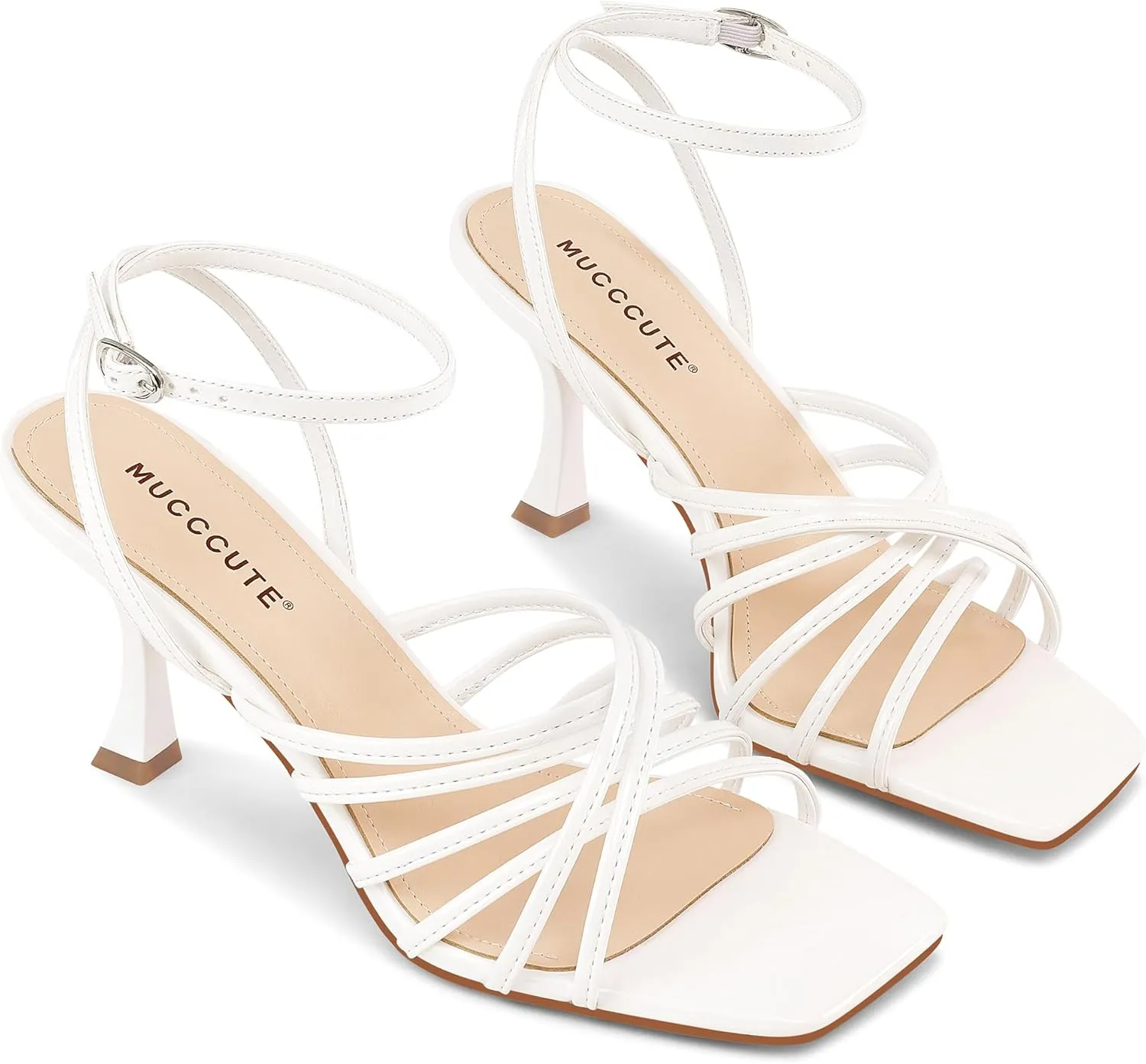 MUCCCUTE Heels for Women Square Open Toe Heeled Sandals Strappy Heels Ankle Strap Comfort Weddings Dressy Prom Shoes