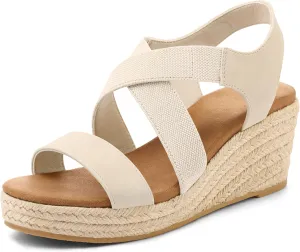 mysoft Women's Platform Espadrille Wedge Sandals Open Toe Elastic Ankle Strap Crisscross Slip on Summer Shoes