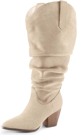mysoft Women's Wide/Extra Wide Calf Knee High Boots Cowgirl Low Chunky Stacked Heel Wide Width Pointed Toe Slouchy Tall Boots with Zippers