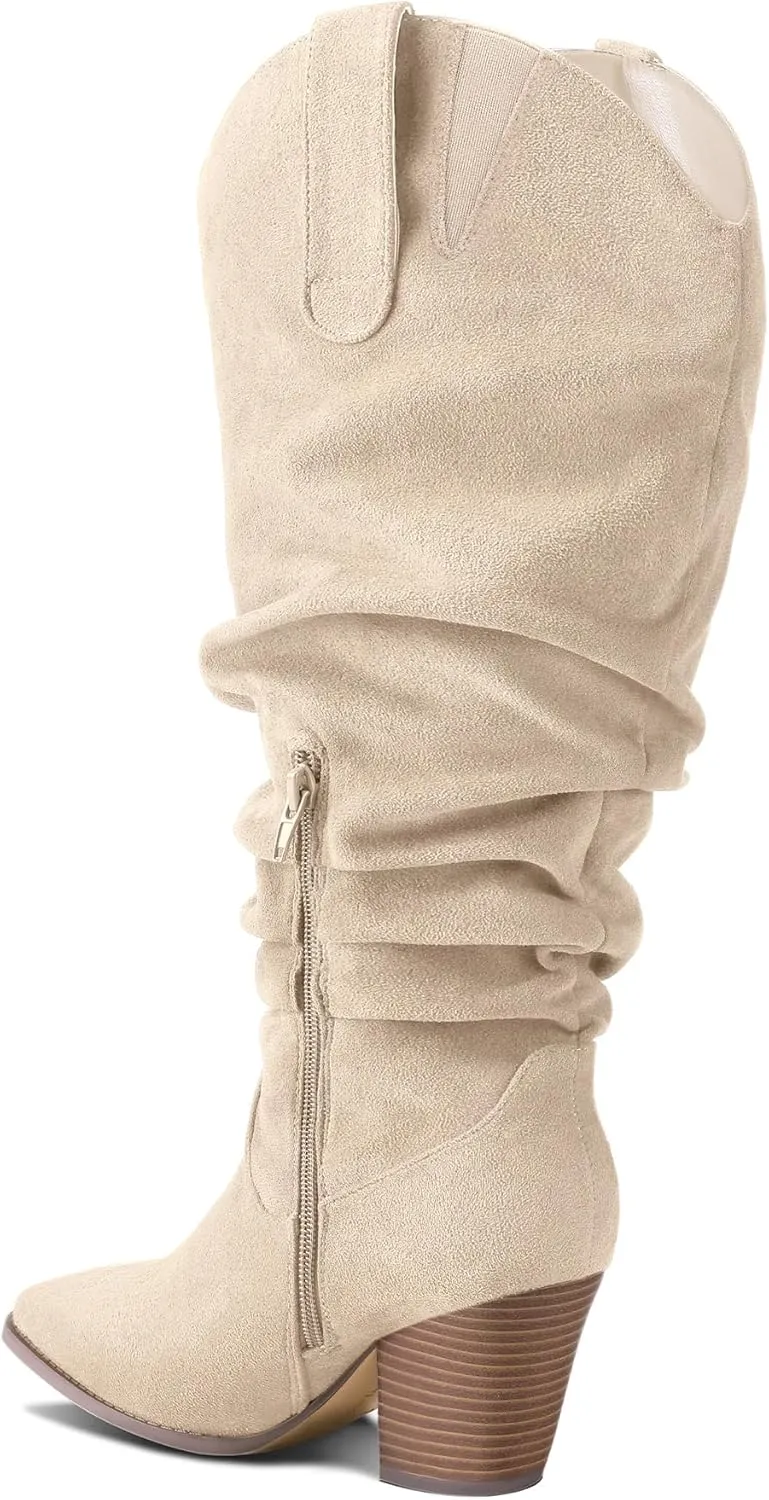 mysoft Women's Wide/Extra Wide Calf Knee High Boots Cowgirl Low Chunky Stacked Heel Wide Width Pointed Toe Slouchy Tall Boots with Zippers