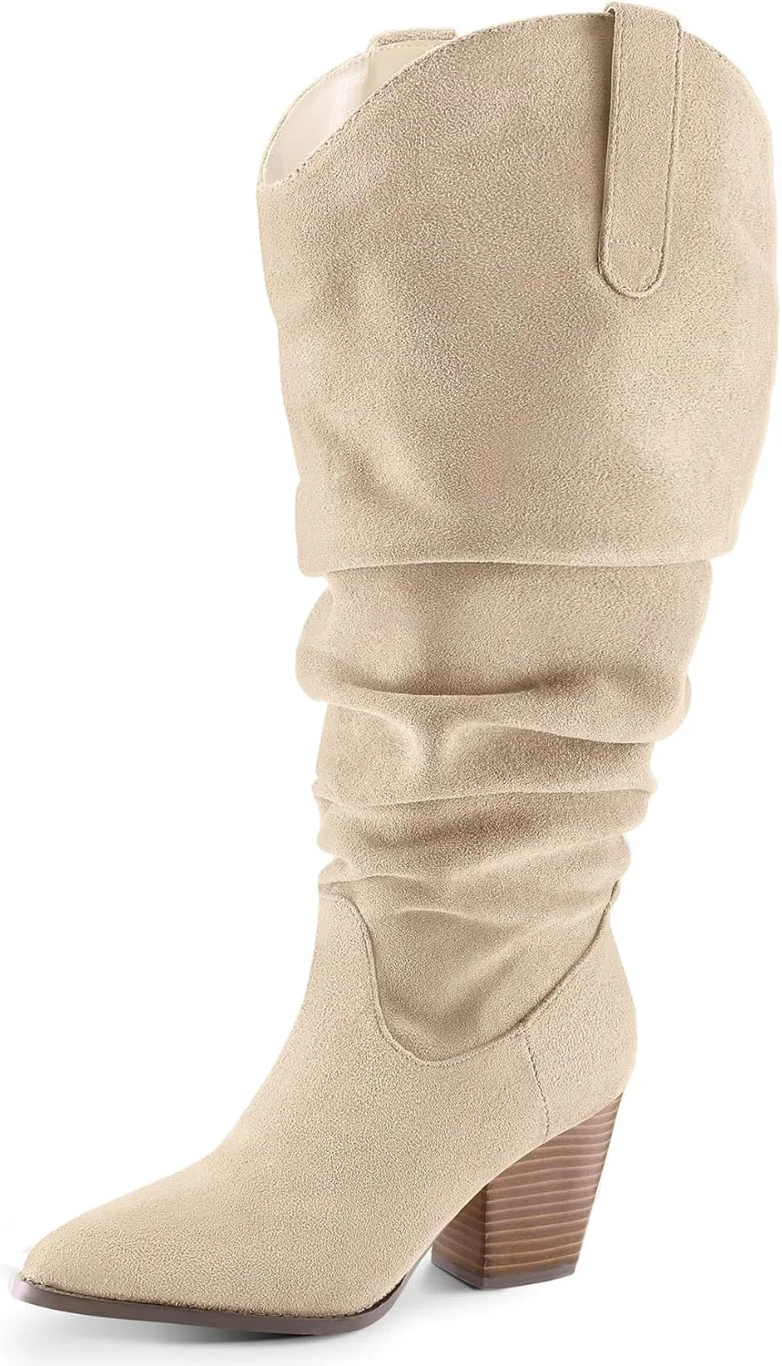 mysoft Women's Wide/Extra Wide Calf Knee High Boots Cowgirl Low Chunky Stacked Heel Wide Width Pointed Toe Slouchy Tall Boots with Zippers