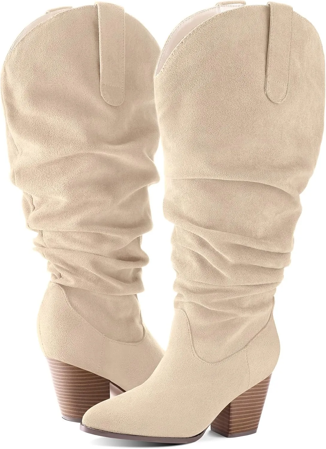mysoft Women's Wide/Extra Wide Calf Knee High Boots Cowgirl Low Chunky Stacked Heel Wide Width Pointed Toe Slouchy Tall Boots with Zippers