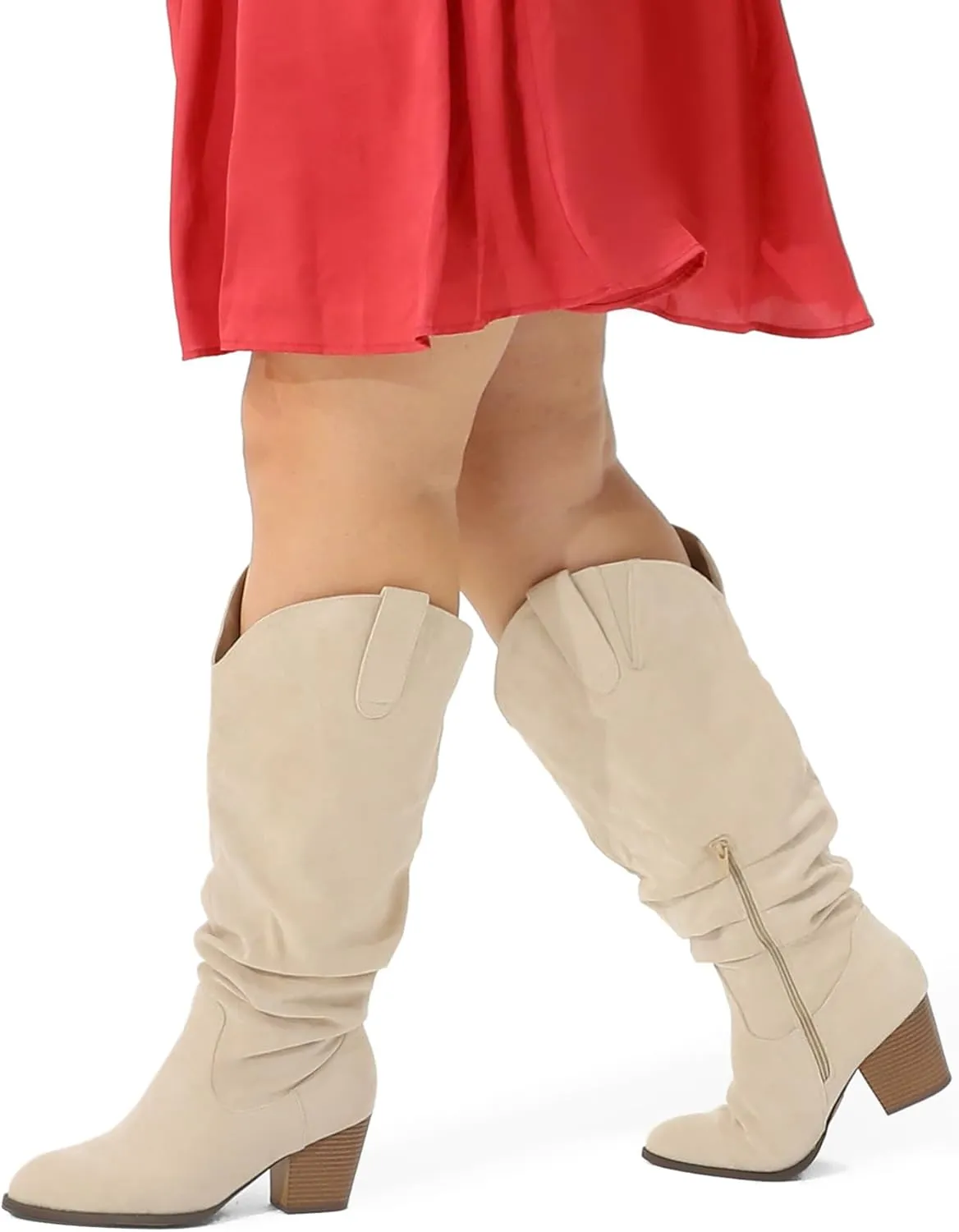mysoft Women's Wide/Extra Wide Calf Knee High Boots Cowgirl Low Chunky Stacked Heel Wide Width Pointed Toe Slouchy Tall Boots with Zippers